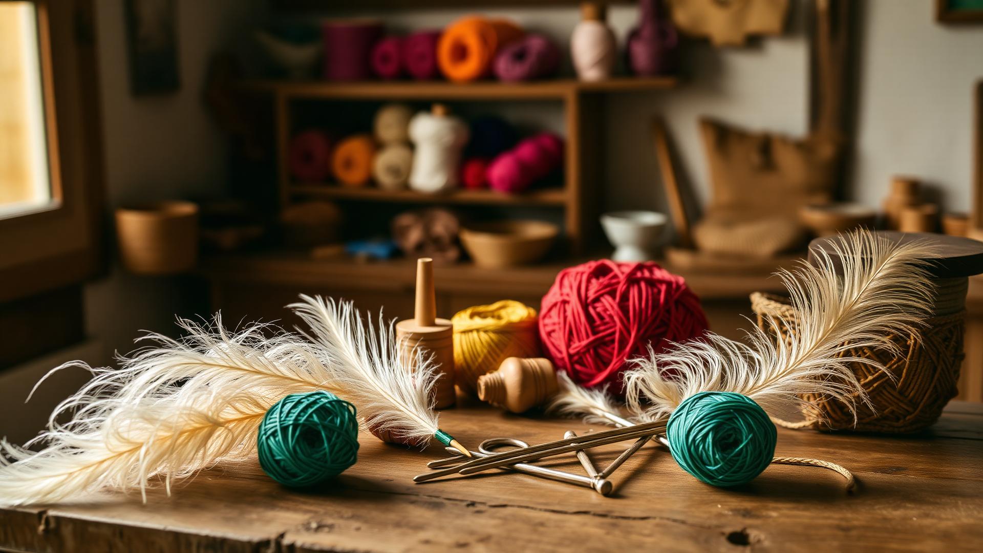 L'atelier Kamèa con gomitoli, fili e piume